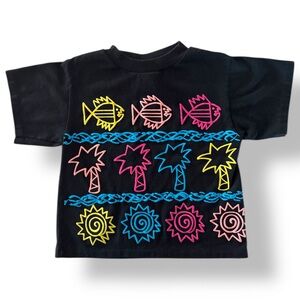 Vintage 80s McKids Neon Tropical Fish Palm Tree Black T-Shirt Size 12-18 Months